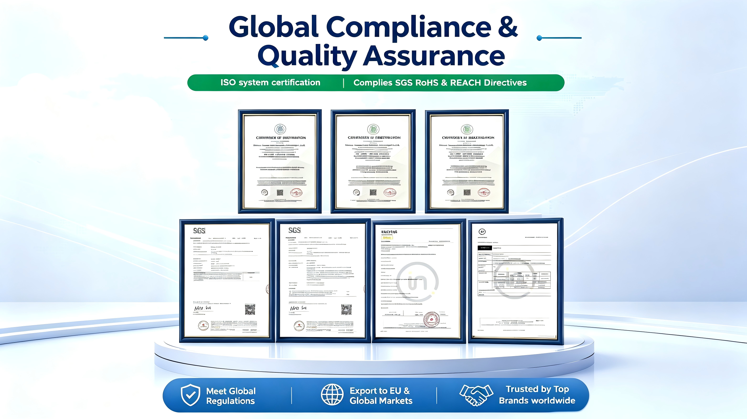 Global Compliance & Quality Assurance - ISO system certification, Complies SGS RoHS & REACH Directives